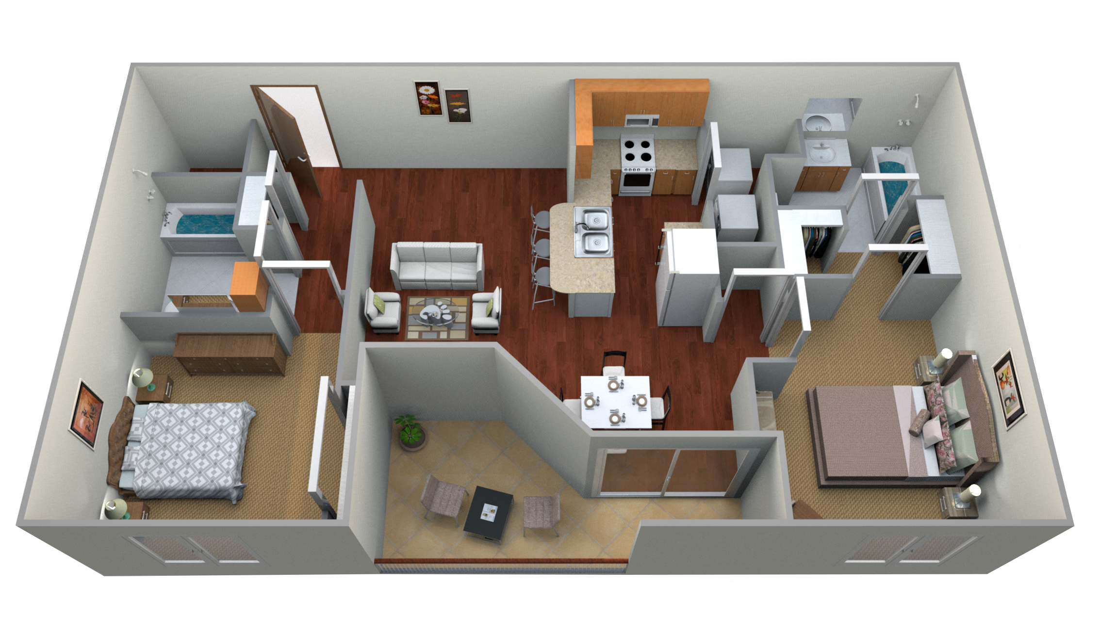 Floor plan for 2 beds, 2 baths, 1220 sqft
